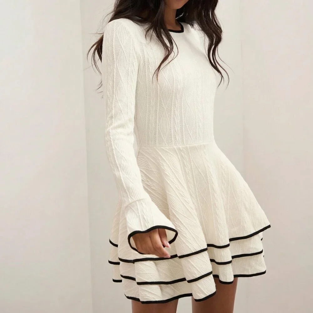 Multicolor Casual Women's Old Money Patchwork Trim Layered Hem Dress - Picture 3 of 6